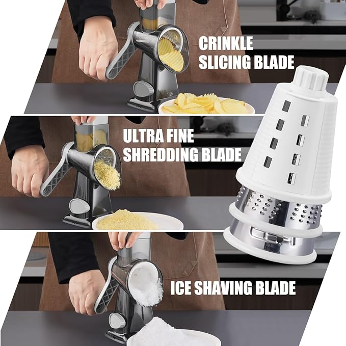 KEOUKE Rotary Cheese Grater Pro 6 in 1 - Shredder Crinkle Slicer Grinder Ice Shaver, Stable Suction, Time-saving Easy Use & Clean, Safe Morden Kitchen Tool for Cheese, Vegetable, Nuts, Chocolate - Image 2