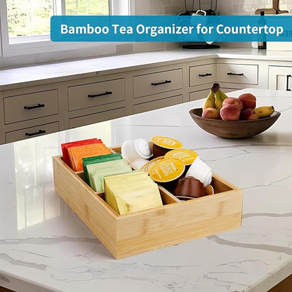 Tea Bag/Sugar Packet Holder,Coffee Station Condiment Organizer,Bamboo Tea Organizer,Large 4-Compartment Organizer Tray for Drawer/Shelf/Countertop,10.2 x 7.9 x 2.4 inch