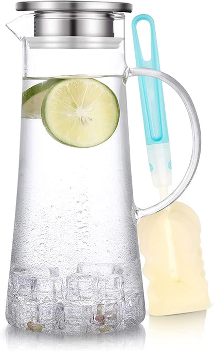 SUSTEAS 1.5 Liter 51oz Glass Pitcher with Lid, Easy Clean Heat Resistant Glass Water Carafe with Handle for Hot/Cold Beverages - Water, Cold Brew, Iced Tea & Juice, With 1 Long-Handled Brush Included by SUSTEAS
