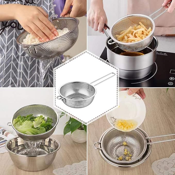Stainless Steel Colander Fine Mesh Colander with Long Handle, Kitchen Metal Food Strainers with Resting Feet for Strain, Rinse, Fry, Steam or Cook Vegetables & Pasta & Wash fruits(COLOR:silver) - Image 5