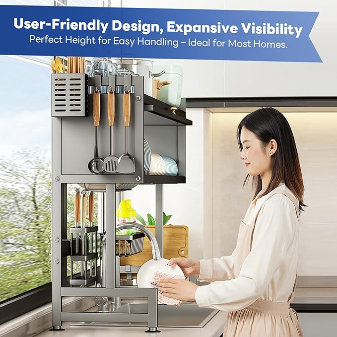 Hdrriozu Over the Sink Dish Drainer Drying Rack 3 Tier Over Sink Dish rack for a Tidy Kitchen Sink Shelf Organized Space-Saving Dish Rack with Cover for Dishes, Glasses, Bowls, and Cutlery - Image 3