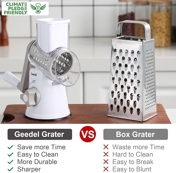 Geedel Rotary Cheese Grater, Kitchen Mandoline Vegetable Slicer with 3 Interchangeable Blades, Easy to Clean Rotary Grater Slicer for Fruit, Vegetables, Nuts - Image 2