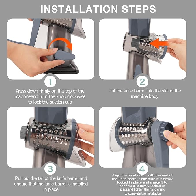 Rotary Cheese Grater with Handle-Versatile Cheese Grater Non-Slip Suction Base,Cheese Shredder & Food Slicer for Cheese,Carrots, Cucumbers,Nuts-Compact & Easy Clean Kitchen Kitchen Tool (Gray)