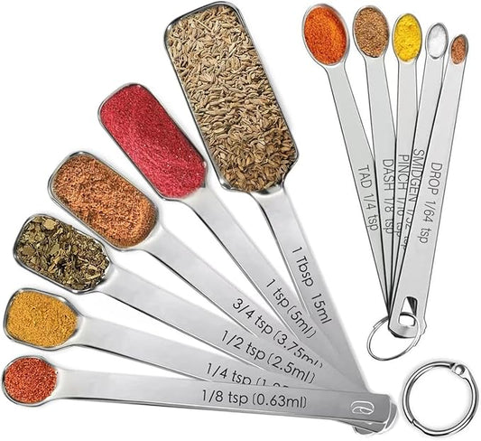 Stainless Steel Measuring Spoons Set of 11, Includes 6 Rectangular Measuring Spoons and 5 Tiny Spoons, Compact Spoons Design for Narrow Spice Jars, Ideal for Dry and Liquid Ingredients by YUNNKEEY