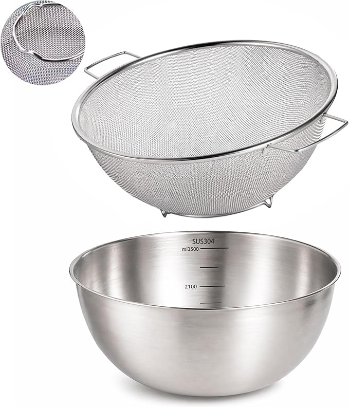304 Stainless Steel Kitchen Colander Set, 3.5QT Colander with Handle and Bowl, 40 Mesh Fine Strainer, Fast Draining for Rice, Pasta, Fruits & Vegetables, Dishwasher Safe