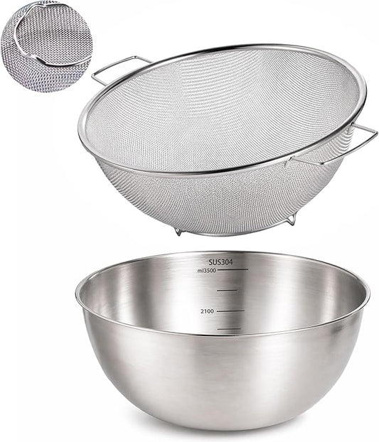 304 Stainless Steel Kitchen Colander Set, 3.5QT Colander with Handle and Bowl, 40 Mesh Fine Strainer, Fast Draining for Rice, Pasta, Fruits & Vegetables, Dishwasher Safe