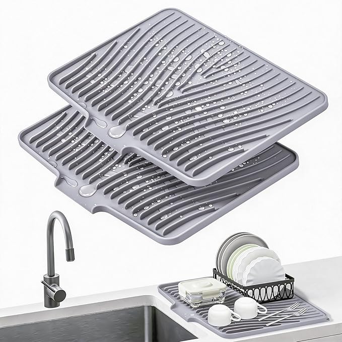 TIKNIK Silicone Dish Drying Mat, Stone Drying Mat for Kitchen Counter with Built-In Drain, Non-Slip Drain Pad with Built-in Drain, Heat Resistant Stone Drying Mat, Hangable, Grey-2pcs, 20" x 15" by TIKNIKHomeOutdoor