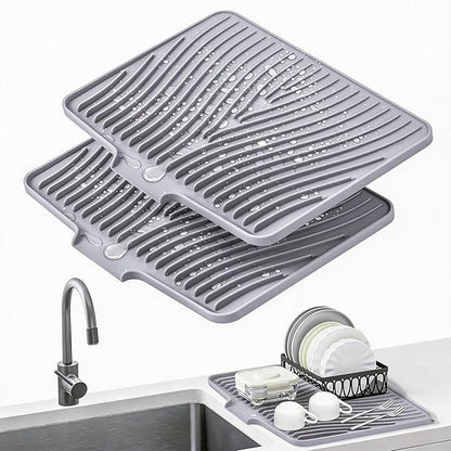 TIKNIK Silicone Dish Drying Mat, Stone Drying Mat for Kitchen Counter with Built-In Drain, Non-Slip Drain Pad with Built-in Drain, Heat Resistant Stone Drying Mat, Hangable, Grey-2pcs, 20" x 15" by TIKNIKHomeOutdoor