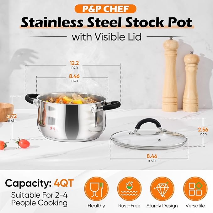 P&P CHEF Stainless Steel Stock Pot, 4 Qt Cooking Soup Pot with Visible Lid for Pasta, Tri-Ply Bottom & Dual Heatproof Handles, For Induction Gas All Stoves, Non-Toxic & Dishwasher Safe - Image 2