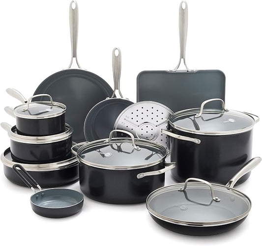 GreenPan 17 Piece Nonstick Swift Cookware Set, Ceramic PFAS-Free Pots & Pans with Lids, Dishwasher & Oven/Broiler Safe to 600F, Kitchen Cooking Set, Sauce, Saute, Stock, Griddle, Frying Pans, Gray by GreenPan