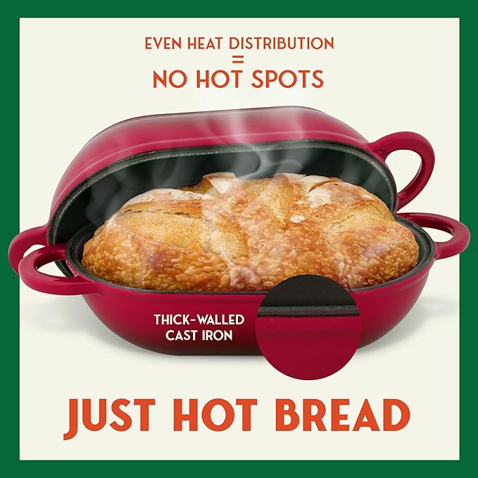 Enameled Cast Iron Bread Oven 2 Qt (Red), Non-Stick Single Loaf Cast Iron Bread Pan with Lid, Easy Homemade Sourdough Dutch Oven, Oven-Safe Artisan Bread Baking Pan