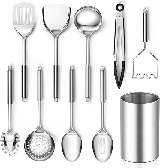 E-far Cooking Utensils Set, 10-Piece Stainless Steel Kitchen Utensils with Holder, Metal Heat Resistant Kitchen Cookware Tool Spatula Set for Cooking, Easy Clean & Dishwasher Safe by E-far