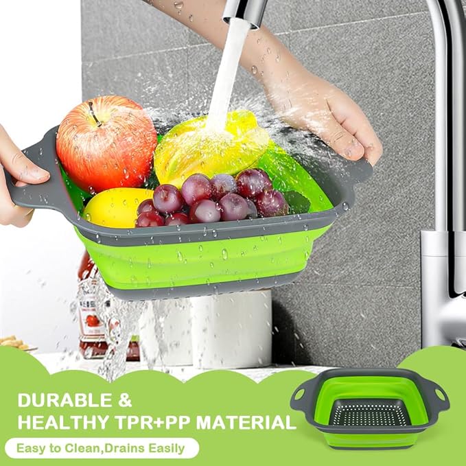 AUAUY 2 PCS Collapsible Colander Set, Square Silicone Folding Colander with Plastic Handles, Eco-Friendly Large Hole Kitchen Strainer for Draining Pasta Vegetables Fruits-1 Large and 1 Small - Image 5