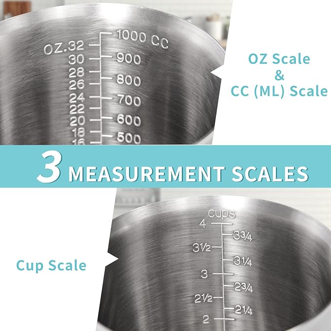 Newness Measuring Cup, [Upgraded, 3 Measurement Scales, Including Cup Scale, ML Scale, Ounce Scale], Stainless Steel Measuring Cup with Marking with Handle, 32 Ounces (1.0 Liter, 4 Cup) (Pack of 2) - Image 2
