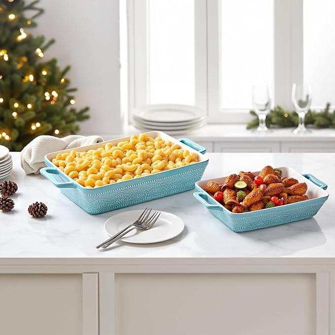 Hacaroa Set of 3 Ceramic Baking Dishes, Rectangular Bakeware with Handles, Elegant Casserole Dish Set Lasagna Pan for Baking, Cooking, Cake Dinner, Banquet, Lake Blue, 3 Sizes - Image 8