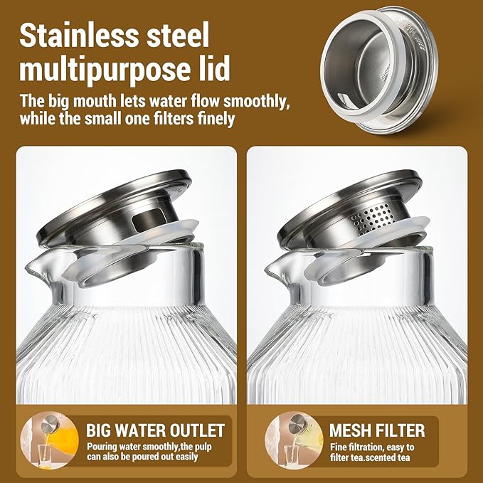 1 Gallon thickened Square Glass Pitcher with Lid, Classic Stripes Water Pitchers for Fridge, Borosilicate Glass Carafe for Hot/Cold Brew Drink, Extra Large Jug with Handle for Iced Tea, Coffee, Juice - Image 4