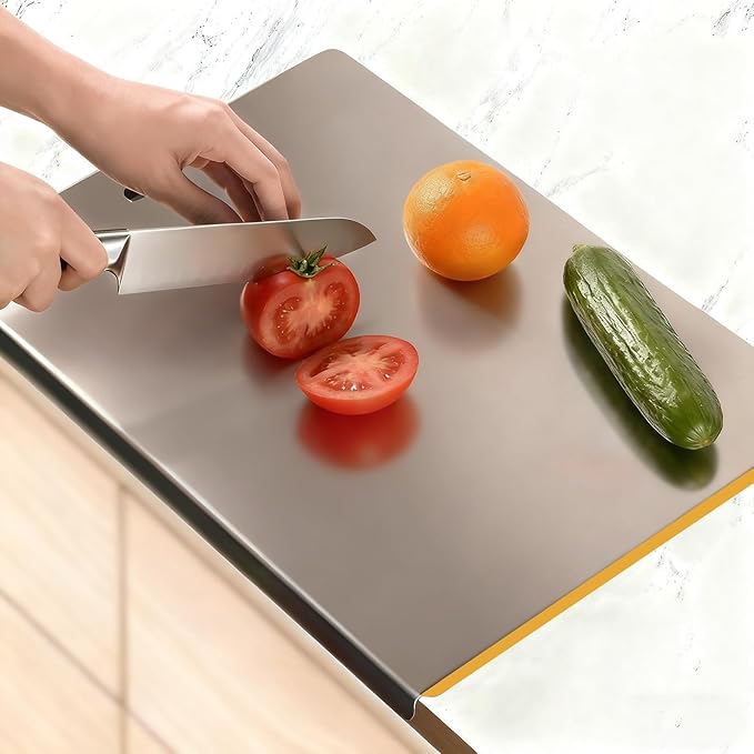 Large Stainless Steel Cutting Boards for Kitchen, Chopping Boards with Orange Non-slip Mat, Cutting Board with Counter Lip for Meat, Fruits, Vegetables, Bread,Dough(15.75" × 11.81")