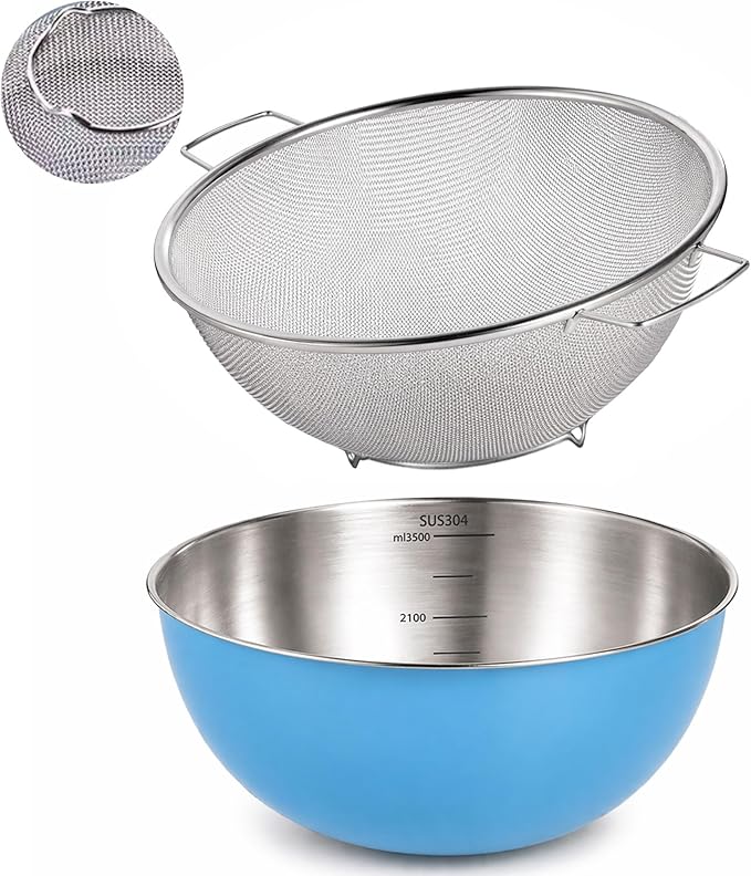 304 Stainless Steel Kitchen Colander Set, 3.5QT Colander with Handle and Bowl, 40 Mesh Fine Strainer, Fast Draining for Rice, Pasta, Fruits & Vegetables, Dishwasher Safe
