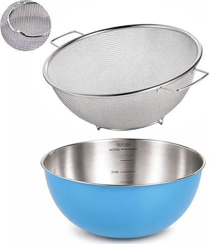 304 Stainless Steel Kitchen Colander Set, 3.5QT Colander with Handle and Bowl, 40 Mesh Fine Strainer, Fast Draining for Rice, Pasta, Fruits & Vegetables, Dishwasher Safe