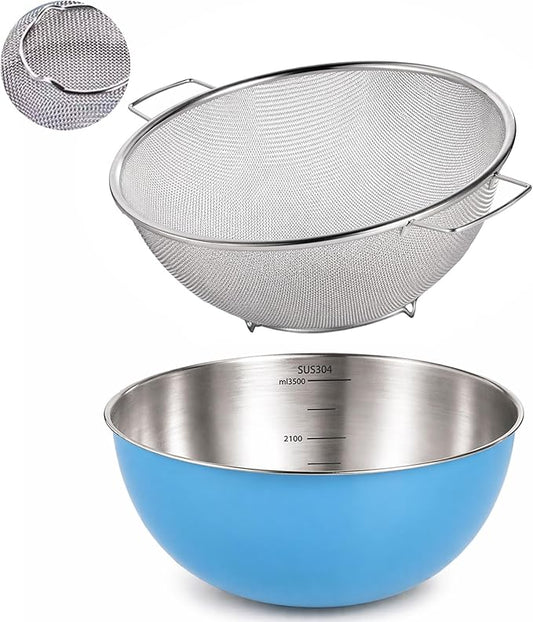 304 Stainless Steel Kitchen Colander Set, 3.5QT Colander with Handle and Bowl, 40 Mesh Fine Strainer, Fast Draining for Rice, Pasta, Fruits & Vegetables, Dishwasher Safe