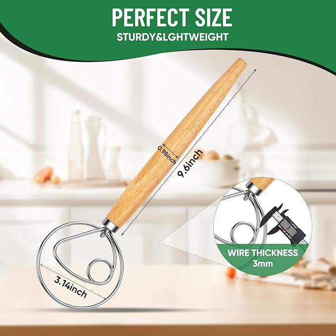 Danish Dough Whisk Stainless Steel Hook Dutch Bread Mixer for Sourdough Baking Hand Tool with Wooden Handle Making Blending Pastry Pizza Dough - Image 3