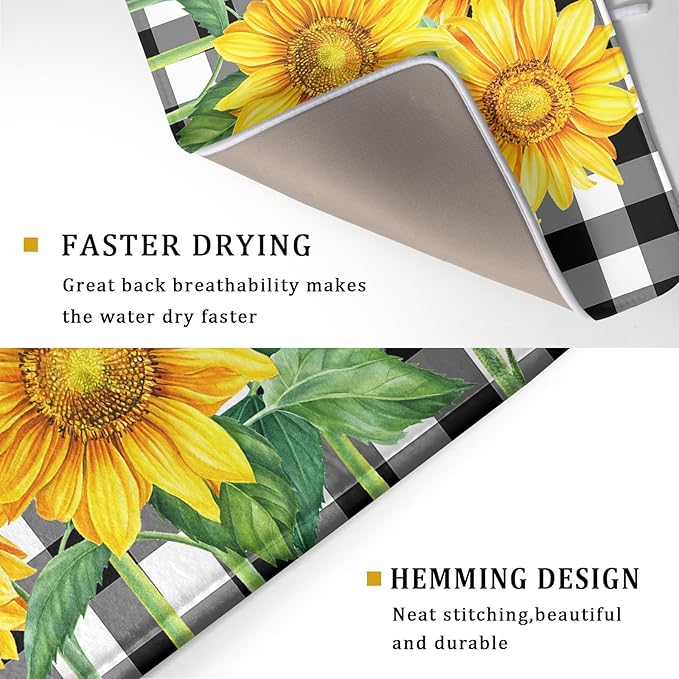 Sunflower Dish Drying Mat for Kitchen Counter Watercolor Black White Plaid Microfiber Absorbent Dish Draining Reusable Washable Foldable Extra Large 18"x24" - Image 3