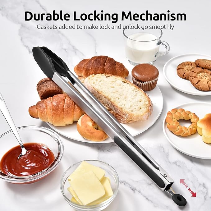 600ºF Heat Resistant Kitchen Tongs: U-Taste 16 inch Extra Long Large Silicone Cooking Tong with Sturdy Non Stick Rubber Tips & Non Slip Silicon Coated 18/8 Stainless Steel Handle for Grill BBQ (Black) - Image 7