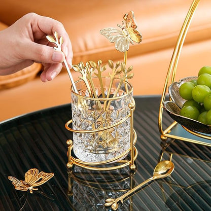 6PCS Coffee Spoons Set with Glass Holder,Small Stainless Steel Gold Tea Spoon,Mini Dessert Spoons Set for Fruit,Stirring, Mixing, Sugar, Ice Cream, Cake (6 x Spoons)