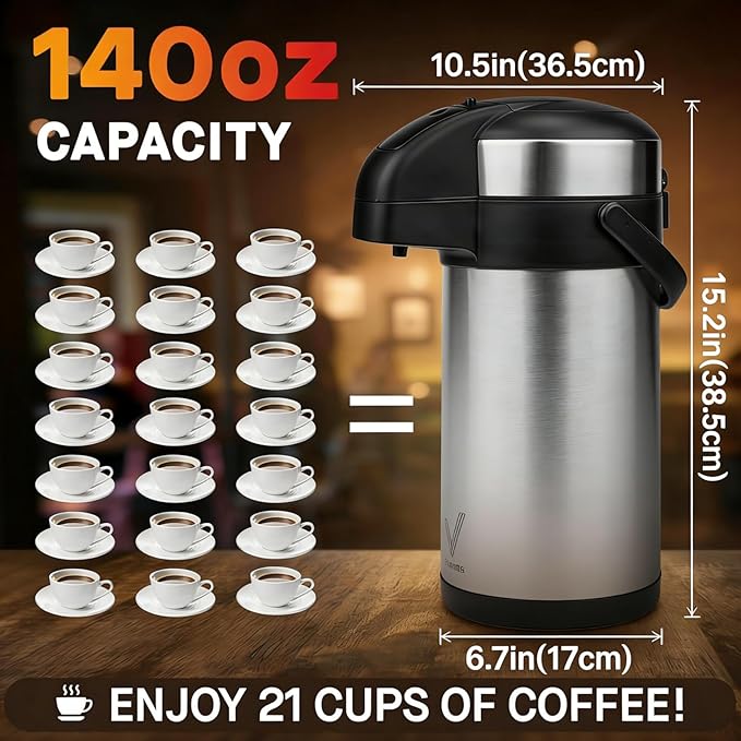 Airpot Coffee Dispenser with Pump - 140 oz Insulated Stainless Steel Coffee Carafe - Thermal Beverage Dispenser - Coffee Urn for Hot/Cold Water, Party Chocolate Drinks - Image 3