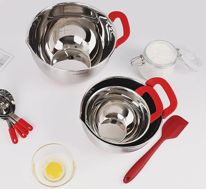 Hillbond Mixing Bowls with BPA Free Airtight Lids Nesting Bowls with Pour Spout, Silicone Handle and Non-Slip Bottoms for Baking, Stainless Steel Mixing Bowls Dishwasher Safe, 1.5, 3, 5 QT(Red)