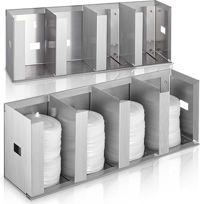 Hicarer 4 Compartments Stainless Steel Cup Dispenser with Adjustable Dividers Silver Cup and Lid Holder Lid Organizer Storage for Cabinet Kitchen Cafe Tea Shop Restaurant, Silver by Hicarer