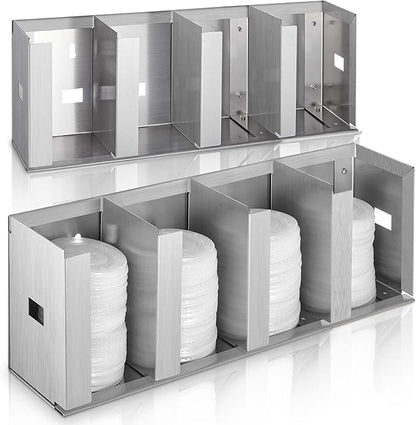 Hicarer 4 Compartments Stainless Steel Cup Dispenser with Adjustable Dividers Silver Cup and Lid Holder Lid Organizer Storage for Cabinet Kitchen Cafe Tea Shop Restaurant, Silver by Hicarer