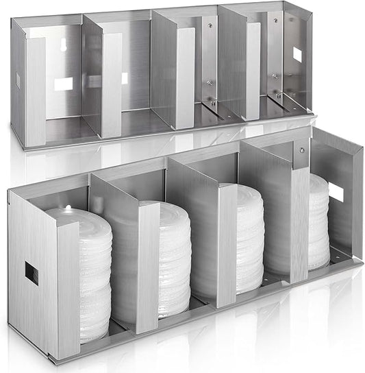 Hicarer 4 Compartments Stainless Steel Cup Dispenser with Adjustable Dividers Silver Cup and Lid Holder Lid Organizer Storage for Cabinet Kitchen Cafe Tea Shop Restaurant, Silver by Hicarer
