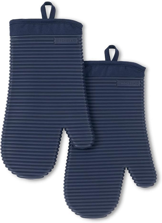 KITCHENAID Ribbed Soft Silicone Oven Mitt 2-Pack Set, 7.5"x13", Ink Blue by KitchenAid