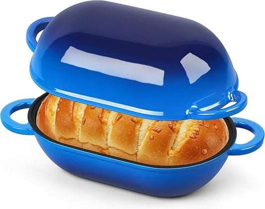 Homikit Enameled Cast Iron Dutch Oven for Bread Baking, 2.8 QT Oval Bread Oven Pot with Lid, 9.5 x 5.7 Inch Sourdough Loaf Baking Pan for Homemade Bread, Heavy Duty & Oven Safe, Blue