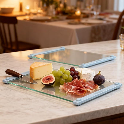 2PCS Glass Cutting Board with Silicone Grip, 80% Stronger Shatter Resistance and Slip Resistance,No Scratches/Microplastic-Free,Dishwasher Safe, Non Toxic Chopping Board for Kitchen (Blue)