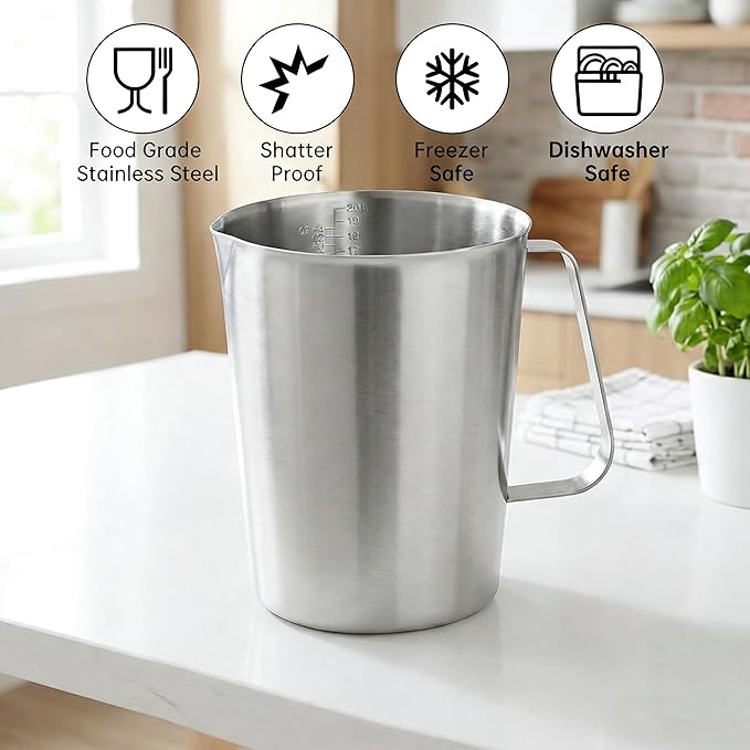 KSENDALO 64Oz/8Cup Stainless Steel Pitcher (SUS304), 2 Liter Metal Container for Water, Milk, Liquid with Handle with Engraved Markings, Silver - Image 5