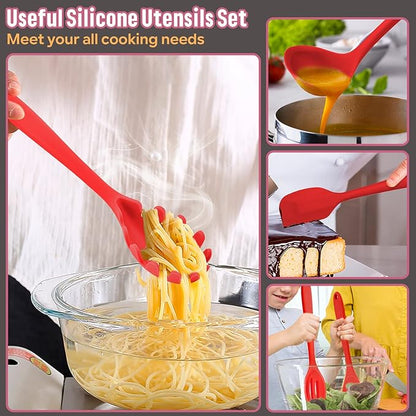 Silicone Cooking Utensils Set, E-far 7-Piece Red Heat Resistant Kitchen Utensils Set, Kitchen Nonstick Tools Spatula Ladle Spoon Pasta Server for Non-stick Cookware, Non-Toxic & Dishwasher safe - Image 6