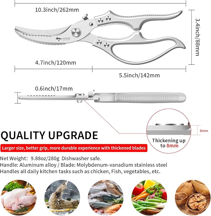 MAD SHARK Heavy Duty Poultry Shears, Kitchen Shears with Non-Slip Handle & Safety Lock, All Purpose Kitchen Scissors for Chicken, Meat Cutting, Turkey, Fish, Vegetables, Spring Loaded, Dishwasher Safe - Image 3