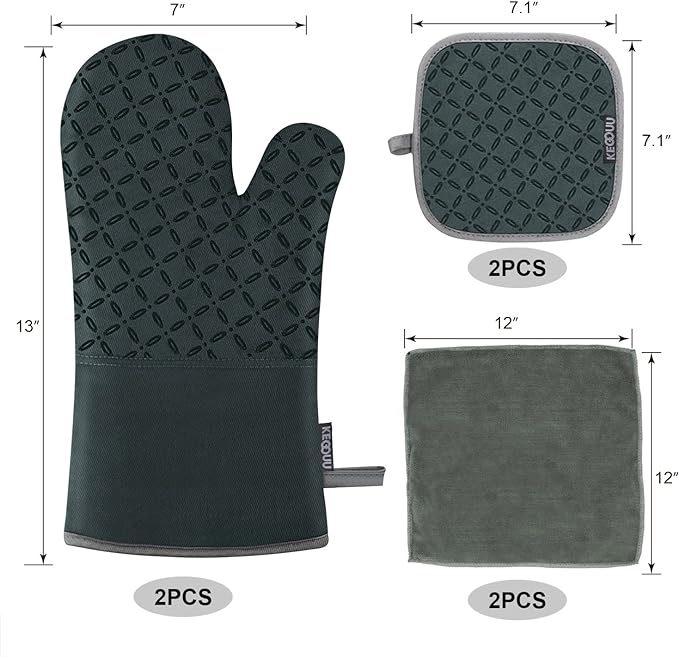 KEGOUU Oven Mitts and Pot Holders 6pcs Set, Kitchen Oven Glove High Heat Resistant 500 Degree Extra Long Oven Mitts and Potholder with Non-Slip Silicone Surface for Cooking (Deep Green) - Image 2