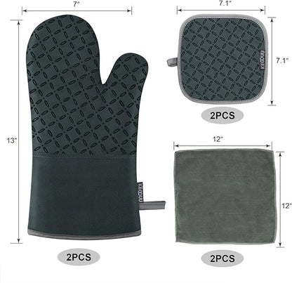 KEGOUU Oven Mitts and Pot Holders 6pcs Set, Kitchen Oven Glove High Heat Resistant 500 Degree Extra Long Oven Mitts and Potholder with Non-Slip Silicone Surface for Cooking (Deep Green) - Image 2