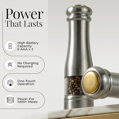 Electric Salt and Pepper Grinder Set - Styled Settings Stainless Steel Salt and Pepper Grinder Set with LED Light, Adjustable Coarseness, Battery Operated, Wood Base