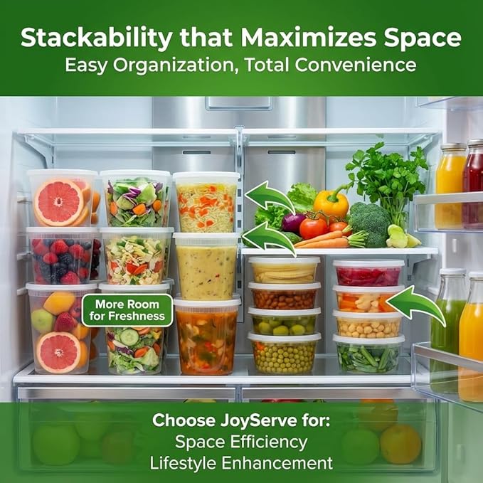 JoyServe 24 Sets Deli Containers with Lids – 8oz, 16oz & 32oz – Leak Proof, Microwaveable, Dishwasher & Freezer Safe – Plastic Food Storage & Soup Containers