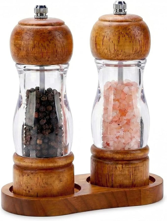 Wooden Salt and Pepper Grinder Set with Tray - 6.3 Inch Refillable Manual Pepper Mill & Sea Salt Grinder, Acrylic Window, Adjustable Ceramic Rotor for Peppercorns, House Warming Gifts by Unknown