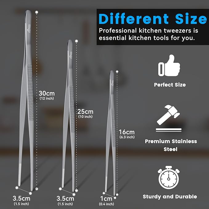 HOTEC Kitchen Tweezers Tongs Stainless Steel Professional Chef Tweezers, Set of 3-6.3", 10" and 12inch Food Tongs for Cooking, Repairing, Dessert, BBQ, Meat, Pasta, Silver - Image 3