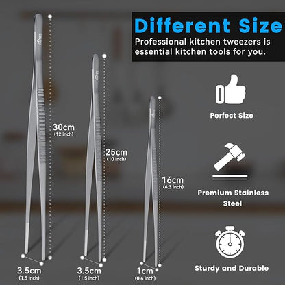 HOTEC Kitchen Tweezers Tongs Stainless Steel Professional Chef Tweezers, Set of 3-6.3", 10" and 12inch Food Tongs for Cooking, Repairing, Dessert, BBQ, Meat, Pasta, Silver - Image 3