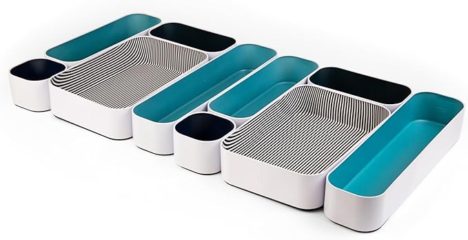 Three by Three Seattle 10 Piece Metal Organizer Tray Set for Storing Makeup, Stationery, Utensils, and More in Office Desk, Kitchen and Bathroom Drawers (2 Inch, Assorted Blue and Stripes) by ThreebyThreeSeattle