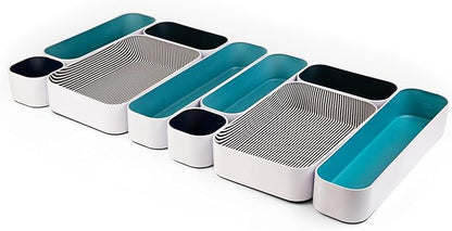 Three by Three Seattle 10 Piece Metal Organizer Tray Set for Storing Makeup, Stationery, Utensils, and More in Office Desk, Kitchen and Bathroom Drawers (2 Inch, Assorted Blue and Stripes) by ThreebyThreeSeattle