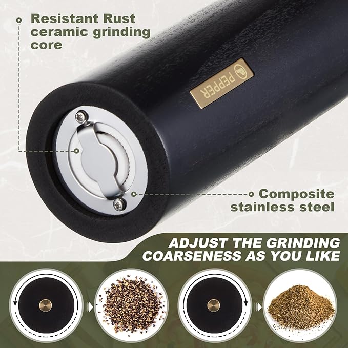 Wooden Salt and Pepper Grinder Set Manual Salt and Pepper Mill with Tray Adjustable Coarseness Refillable Wood Grinders with Gold Bottle Label for Kitchen (Black,White,8 Inch) - Image 4