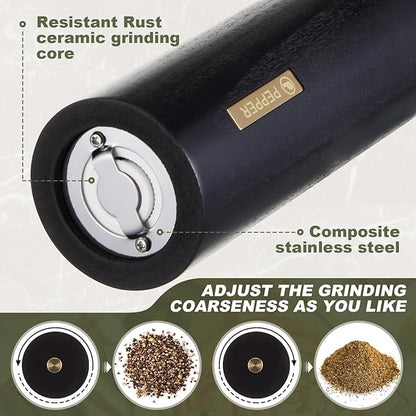 Wooden Salt and Pepper Grinder Set Manual Salt and Pepper Mill with Tray Adjustable Coarseness Refillable Wood Grinders with Gold Bottle Label for Kitchen (Black,White,8 Inch) - Image 4